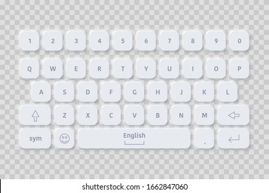 Vector editable neomorphic english computer keyboard . Minimalistic realistic white keyboard. Simple and elegant Neomorphism trendy designs element, UI components, isolated on transparent background