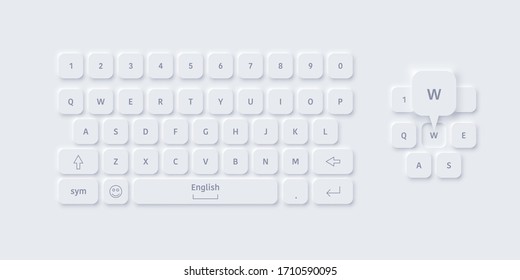 Vector editable neomorphic english computer keyboard . Minimalistic realistic white keyboard. Simple and elegant Neomorphism trendy 2020 designs element, UI components, isolated on white background