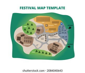 Vector editable outdoor wayfinding map or festival map template with road, park, stage, camp, bathroom, parking lot, retail stalls isolated on white background. Suitable as a map of event or festival.