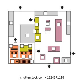 Vector editable plan of office, production hall or work place with rooms. Projection map of area isolated on a white background.