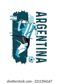 VECTOR. Editable poster for the Argentina football team, soccer player, uniform, flag