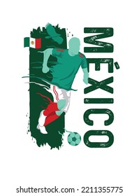 VECTOR. Editable poster for the Mexico football team, soccer player, uniform, flag
