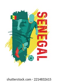 VECTOR. Editable poster for the Senegal football team, soccer player, uniform, flag