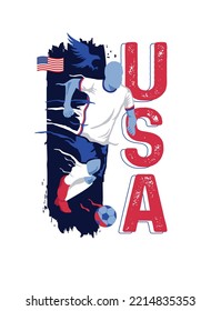 VECTOR. Editable poster for the United States of America football team, soccer player, uniform, USA, flag