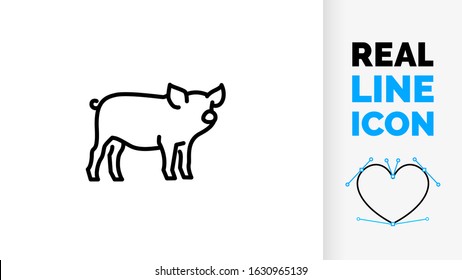 Vector editable real line icon of a domestic side view full body pig or swine used for pork meat as modern clean line art illustration in a black stroke symbol style on a white background style