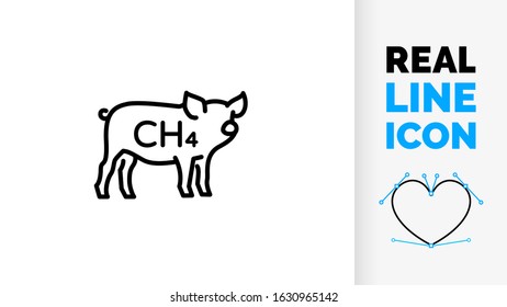 Vector editable real line icon of a domestic side view pig or swine used for pork meat but causing global warming by emitting methane CH4 harming the environment as line art illustration black stroke