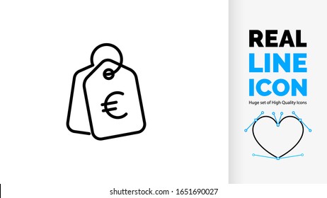 Icono de línea real editable vectorial de la etiqueta de la venta porcentual de la moneda europea en euros para los productos de compras y la promoción del descuento de precio al por menor. Personalización del símbolo de peso de trazo negro o logotipo como vector. 