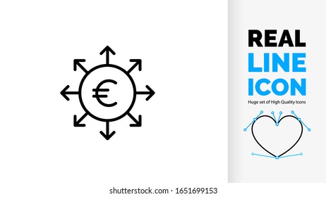 Vector editable real line icon of European euro currency, economic and business power and growth visualized by circle and spreading arrows. concept customization black stroke weight symbol or logo.