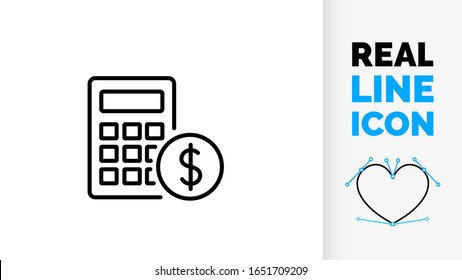Vector editable real line icon of a calculator for financial economic wealth in business and personal wealth in Dollar $ money sign as a customisable black stroke weight symbol or logo pictogram image