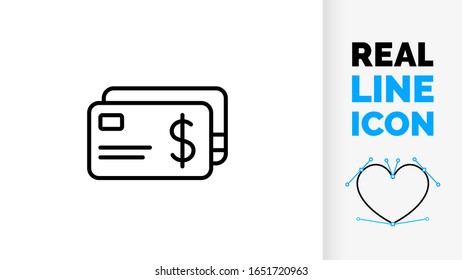 Vector editable real line icon of a creditcard in Dollar $ sign as a symbol for business money, personal finance and economic wealth in a iconic pictogram graphic design modern black stoke style