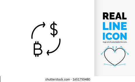 Vector editable real line icon of circulair economic business cash flow between countries in stock exchange investment banking in money dollar $ and digital untraceable Cryptocurrency Bitcoin 

