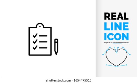 Vector editable real line icon of positive form or file with check list vink pictogram to evaluate something as a black rounded lines pictogram