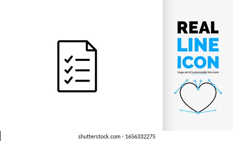 Vector editable real line icon of positive form or file with check list vink box pictogram about a agreement in business symbol to approve and evaluate a set contract or survey on a clipboard document