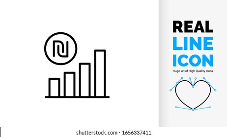 Vector editable real line icon of a positive graph or bar chart analysis showing economic wealth and financial growth in Israel Shekel money used as Israeli currency as a customisable lines symbol