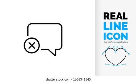Vector editable real line icon of negative conversation with a error cross and speech bubble about a disagreement as a black rounded lines pictogram on a white background