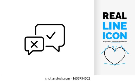 Vector editable real line icon or symbol of negative conversation check vink and cross speech bubble pictogram of talking people about a disagreement or deny about a topic when they talk or quote