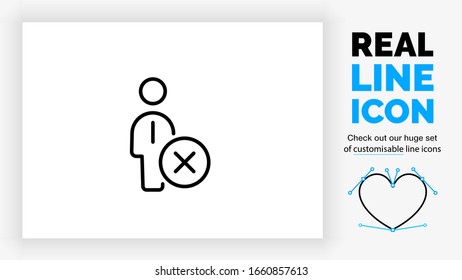 Vector editable real line icon of a person standing in suit with tie as employee or male businessman got a negative deny by cross pictogram in circle as a clean black customisable lines symbol