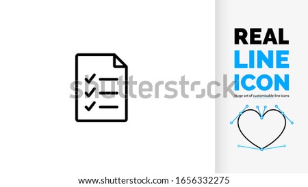 Vector editable real line icon of positive form or file with check list vink box pictogram about a agreement in business symbol to approve and evaluate a set contract or survey on a clipboard document