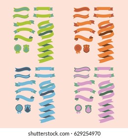 Vector editable ribbons collection, four color palette sets.