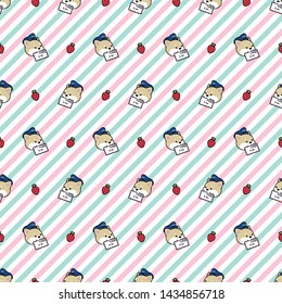 Vector editable seamless pattern digital paper of cream kawaii cute shiba akita dog puppy in delivery man costume with blue and pink candy colored stripes for wrapping paper or scrapbook crafting 