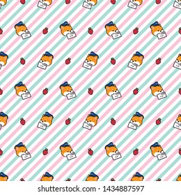 Vector Editable Seamless Pattern Digital Paper Of Red Tan Kawaii Cute Shiba Akita Dog Puppy In Delivery Man Costume With Blue And Pink Candy Colored Stripes For Wrapping Paper Or Scrapbook Crafting 