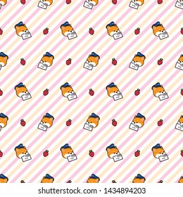 Vector Editable Seamless Pattern Digital Paper Of Red Tan Kawaii Cute Shiba Akita Dog Puppy In Delivery Man Costume With Yellow And Pink Candy Colored Stripes For Wrapping Paper Or Scrapbook Crafting 