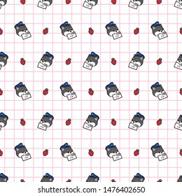Vector editable seamless pattern digital paper of kawaii cute shiba akita dog. puppy in delivery man costume in pink colored graph paper for wrapping paper or scrapbook crafting journaling projects