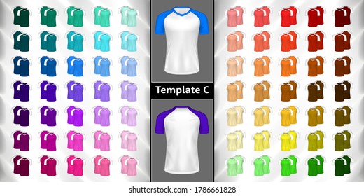 Juego de camisetas de color claro a oscuro editable para el diseño de modelos de maquillaje en la primera y segunda pantalla.Colección color v-cuello mangas cortas de camisetas de los hombres aisladas. Plantilla C