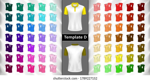 Vector editable set of light to dark color Polo T-shirts front and back view mockup for clothes use in templates design illustration. Collection color men's t-shirt short sleeves isolated. Template D.