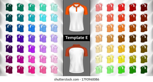 Vector editable set of light to dark color Polo T-shirts front and back view mockup for clothes use in templates design illustration. Collection color men's t-shirt short sleeves isolated. Template E.