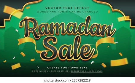 Vector Editable shiny green gold Ramadan sale text effect. Discount promotion graphic style on green Islamic background