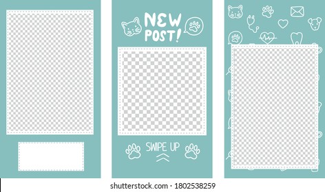 Vector editable stories templates, posts for social media. Veterinary clinic or pet shop concept, isolated on white background