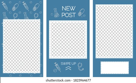 Vector editable stories templates, posts for social media. Hospital or drug store concept, isolated on white background