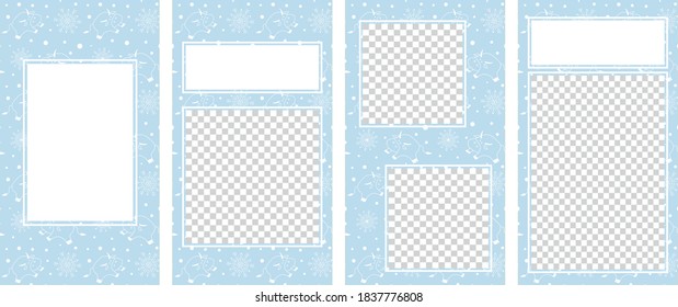 Vector editable stories templates, set of posts for social media, blue color. Cute doodle bulls or cows, symbol of 2021 year, and snowflakes. Isolated on white background