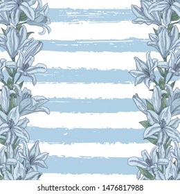 Vector editable striped square template with blue lilies for social networks. Tender design background
