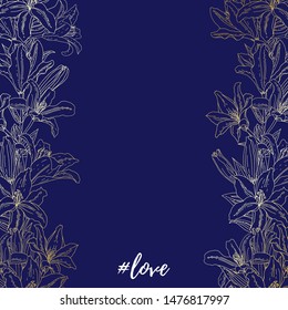 Vector editable striped square template with gold lilies for social networks. Tender design background