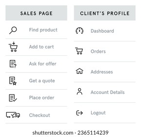 Vector editable stroke designed user interface icon elements for sales page and clients profile dashboard