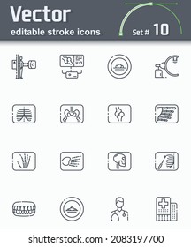 Vector editable stroke health care and medicine icons set. X ray and human skeleton structure symbols