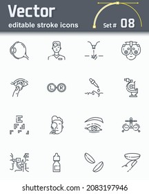 Vector editable stroke health care and medicine icons set. Ophtalmology and eye care symbols