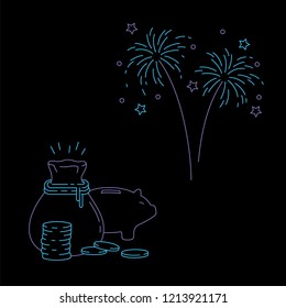 Vector editable stroke line cash and fireworks pictograms