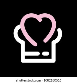 Vector editable stroke line conceptual logo of cooking cap combined with a heart symbol on black background