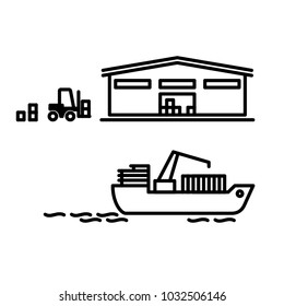 Vector editable stroke line designed simple illustration of warehouse with lifting clark and freighter ship with crane and cargo container