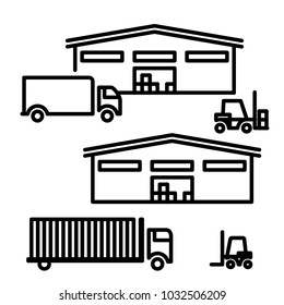 Vector editable stroke line designed simple illustration of warehouse with trucks and clarks working around