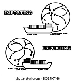 Vector editable stroke line designed pictograms visualizing the concept of import and export by sea with cargo ship