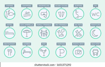 Vector editable stroke line designed vacation destinations characteristics icons