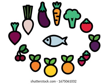 Vector editable stroke line designed vegetables fruits and fish icons