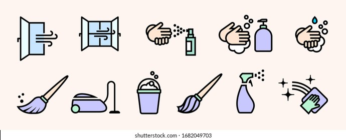 Vector Editable Stroke Line Designed Cleaning Icons Set On Defense Against Corona Virus Infection