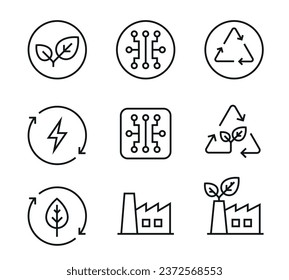 Vector editable stroke line designed set of minimal icons that depict the concept of sustainability and clean sustainable green energy