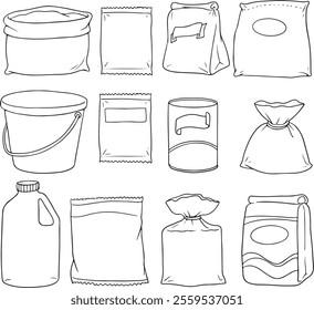Vector editable stroke line designed simple icons of different kinds of bulk and retail packaging isolated on white background