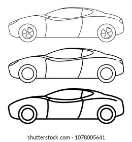 Vector editable stroke line drawing of generic car in three levels of thickness and detail